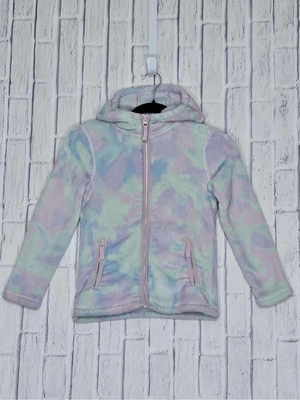 🩷 Lands’ End Girls Pastel Tie Dye Plush Fleece Hooded Jacket Size 8 Medium